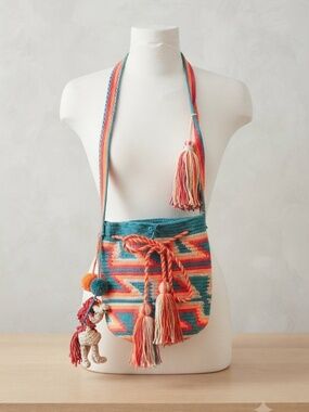 Vtg Handmade Boho Wayuu Mochila Bag - Neon Coral/Teal cross body messenger bags